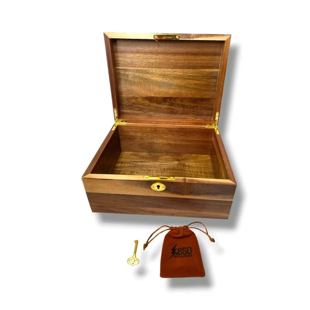 BSD Acacia Wood Keepsake Box With Lock Key Wooden Decorative Treasure Chest